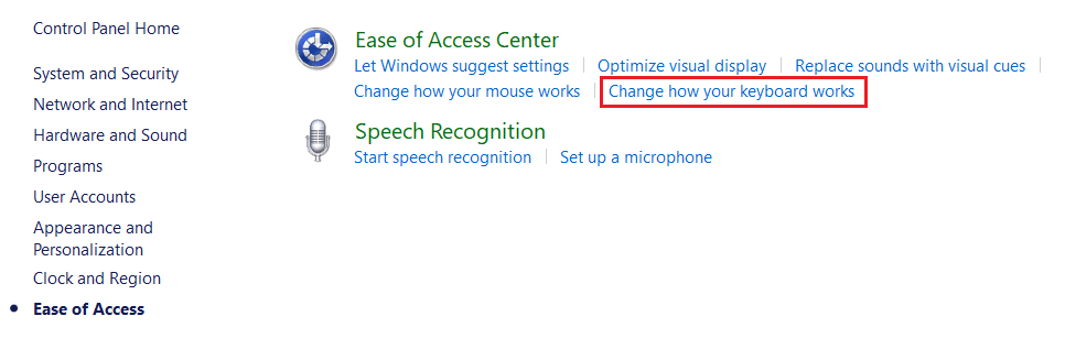 haga clic en la opción Cambiar cómo funciona su teclado en la configuración del Panel de control de facilidad de acceso. Arreglar clave de Windows deshabilitada