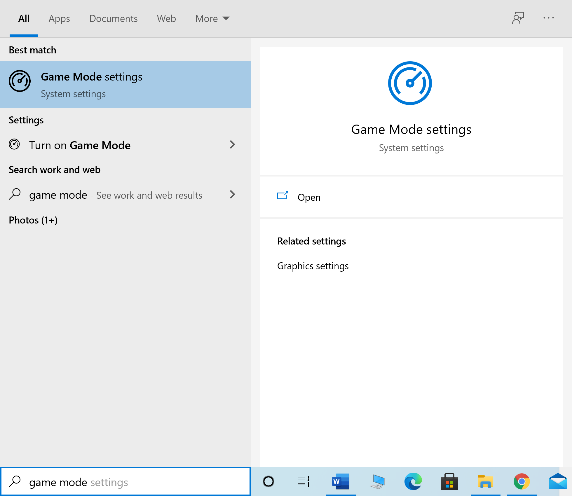 Escriba la configuración del modo de juego en la búsqueda de Windows y ejecútelo desde el resultado de la búsqueda. Arreglar clave de Windows deshabilitada