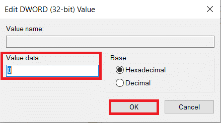 establecer datos de valor como 0 en Editar cadena de valor DWORD