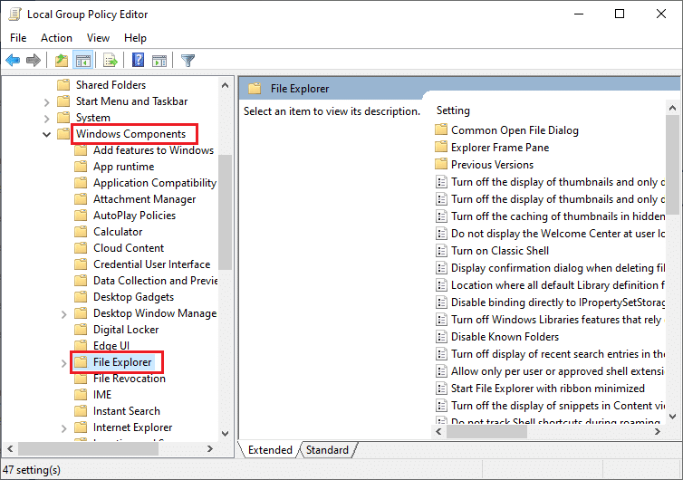 vaya a Configuración de usuario, luego a Plantillas administrativas y abra Componentes de Windows, luego a la carpeta Explorador de archivos en el editor de políticas de grupo local