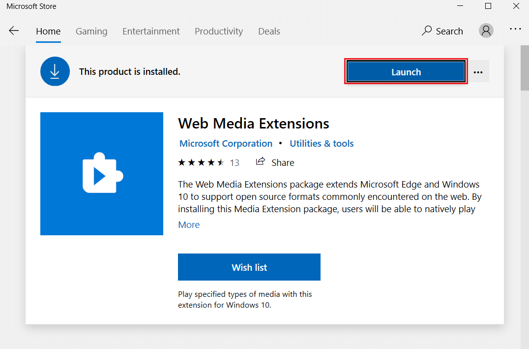 haga clic en el botón Iniciar en las extensiones de medios web de Microsoft Store. Cómo reproducir archivos OGG en Windows 10