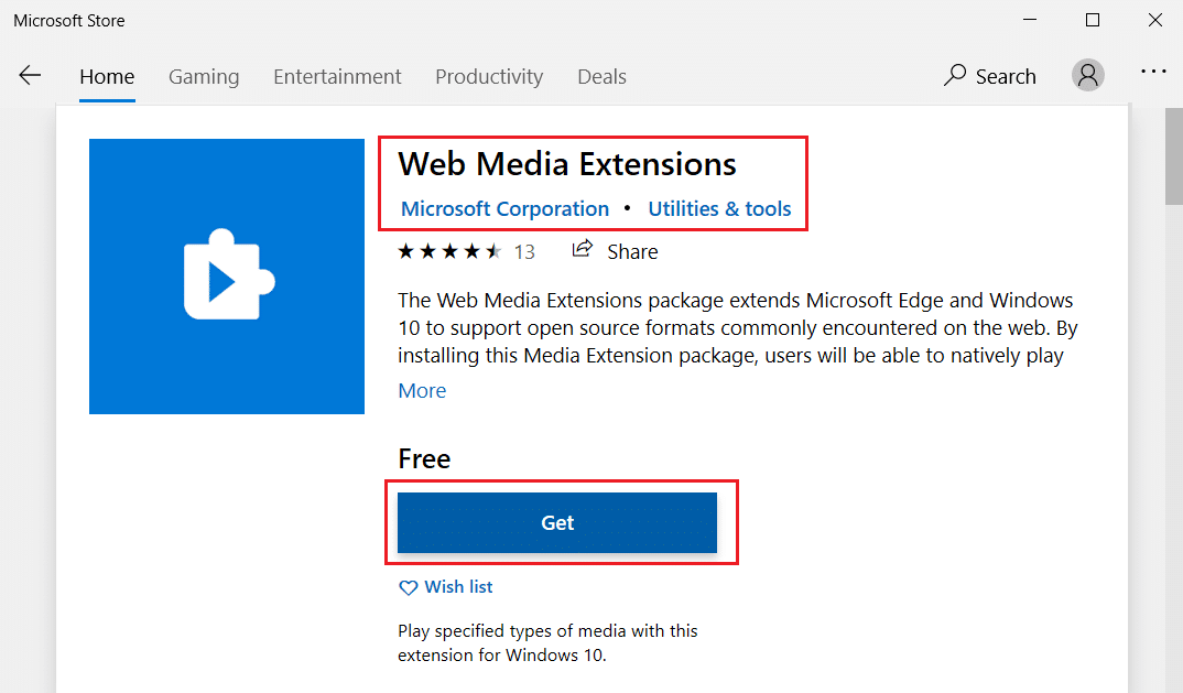 haga clic en el botón Obtener para extensiones de medios web en Microsoft Store