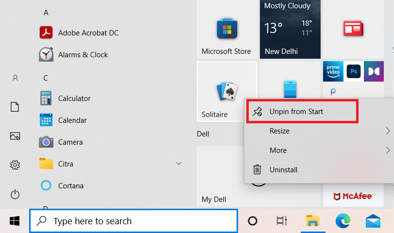 右鍵單擊不需要的圖塊。單擊從“開始”取消固定。如何在 Windows 10 上創建極簡主義桌面