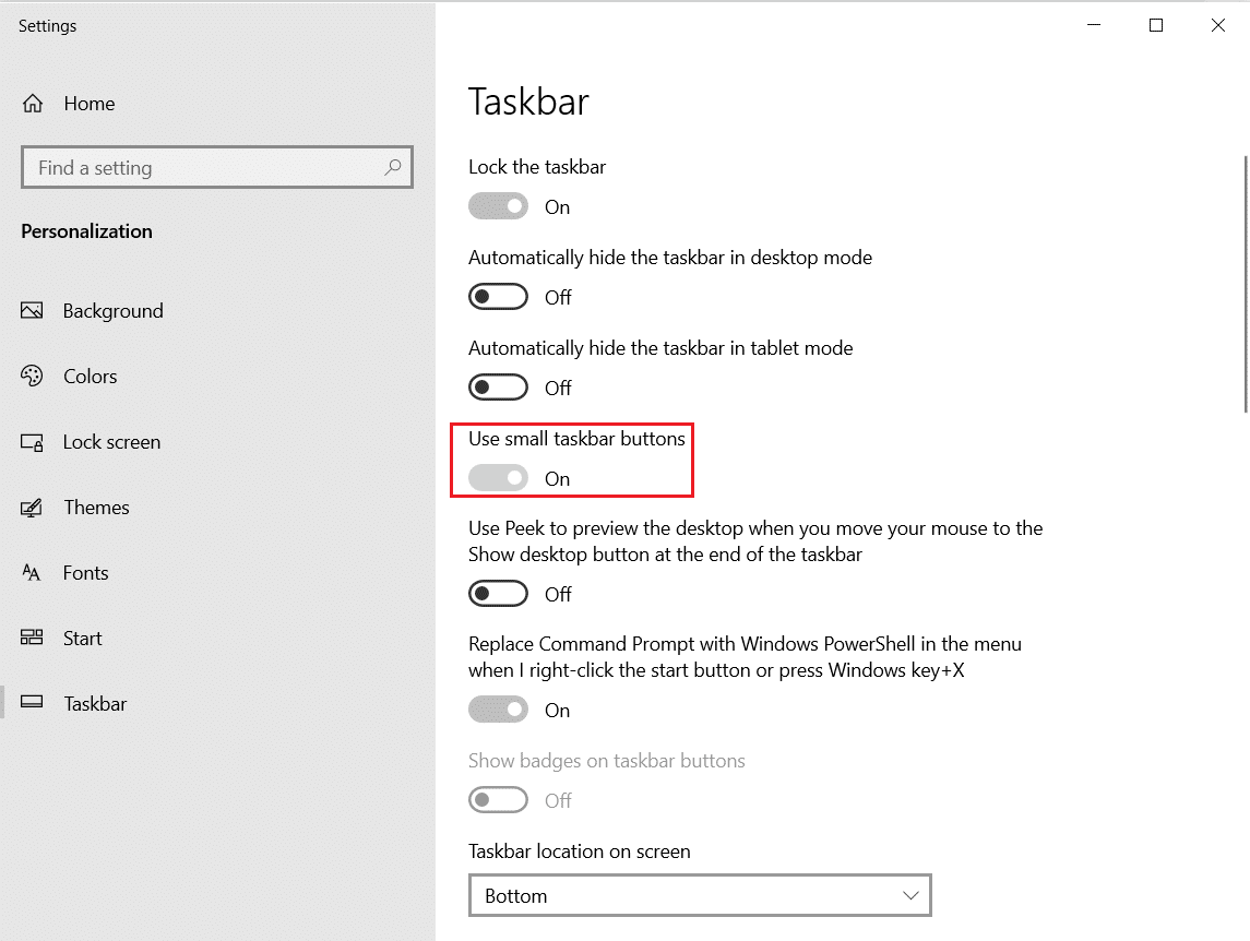 打開切換開關以使用小 tasbar 按鈕。如何在 Windows 10 上創建極簡主義桌面