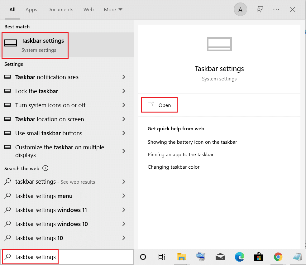 從 Windows 搜索菜單打開任務欄設置