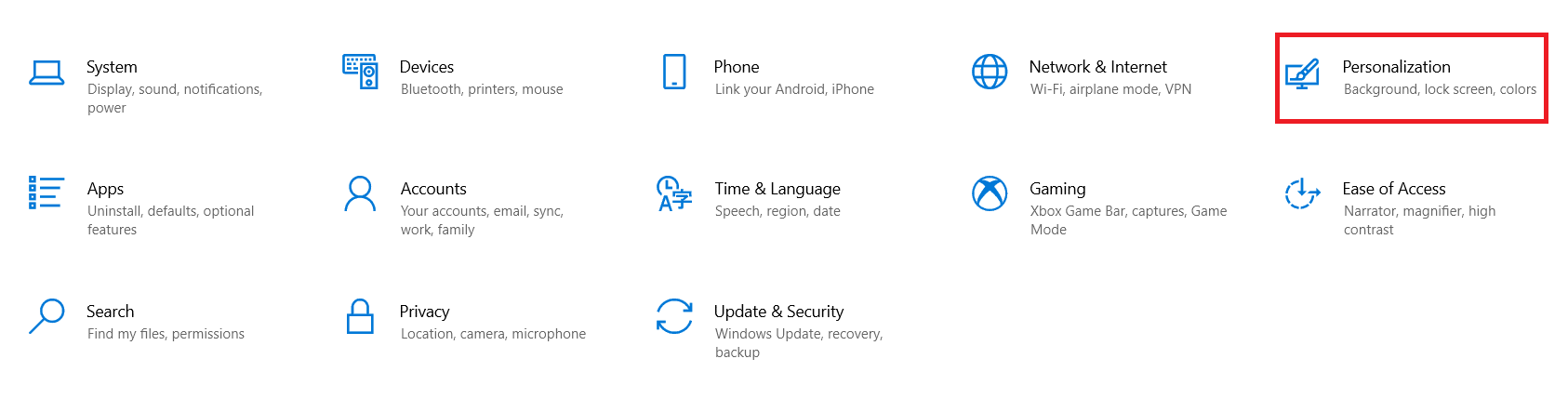 按 Windows 和 I 鍵打開設置。單擊個性化。如何在 Windows 10 上創建極簡主義桌面