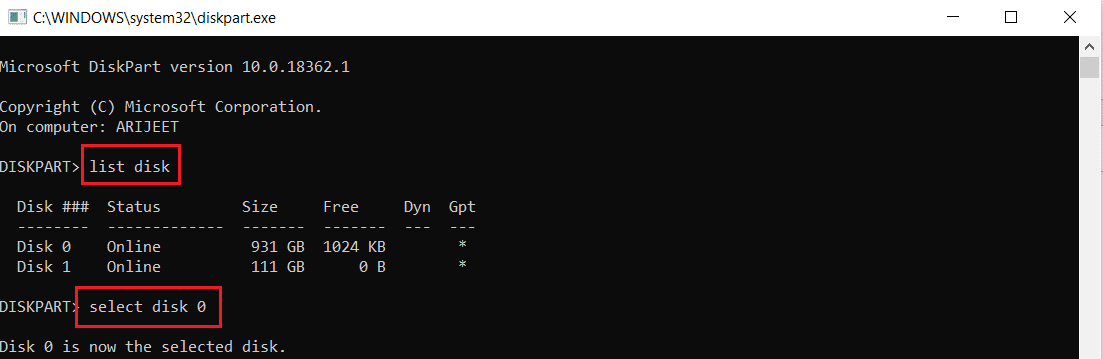 exécutez le disque de liste de commandes puis sélectionnez le disque 0 et entrez la partition de liste dans l'invite de commande ou cmd