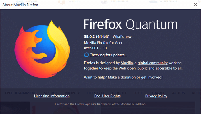 从菜单中单击帮助,然后单击关于 Firefox