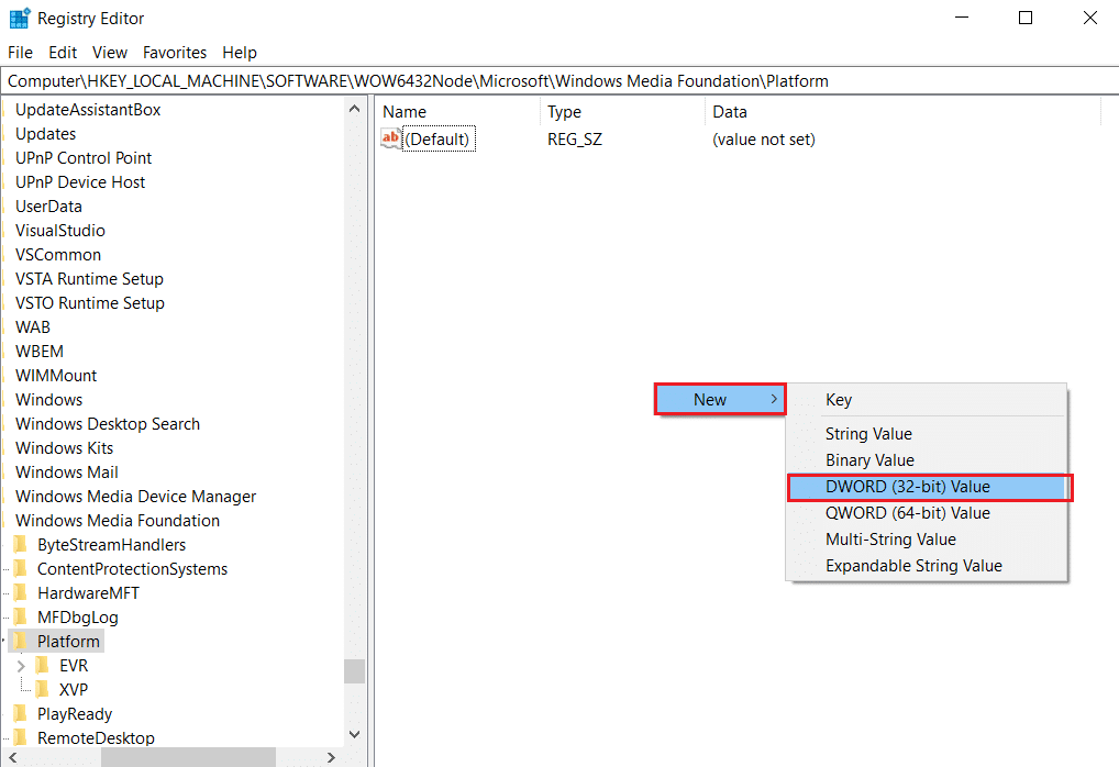 sélectionnez nouveau et cliquez sur dword 32 bits dans l'éditeur de registre de dossier de clé de plate-forme. Correction de l'erreur 0xa00f4244 Aucune caméra n'est connectée