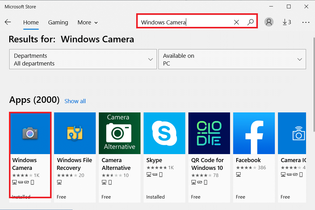 Sélectionnez ce programme en appuyant sur le bouton Rechercher en haut à droite et en tapant Windows Camera. Correction de l'erreur 0xa00f4244 Aucune caméra n'est connectée