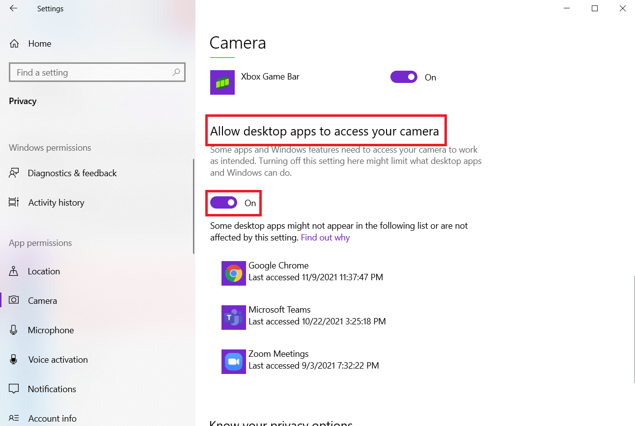 Sous Autoriser les applications de bureau à accéder à votre caméra et basculez-la sur Activé. Correction de l'erreur 0xa00f4244 Aucune caméra n'est connectée