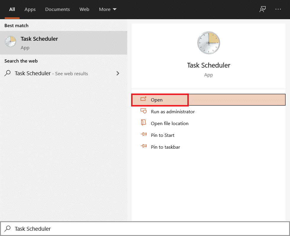 พิมพ์ Task Scheduler ในเมนู Start แล้วคลิก Open ที่บานหน้าต่างด้านขวา