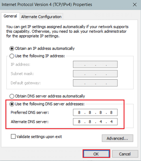 ipv4 속성에서 기본 DNS를 사용하십시오. Windows 업데이트 설치 오류 0x8007012a 수정