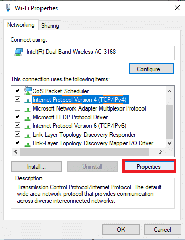 인터넷 프로토콜 버전 4를 클릭하고 속성을 클릭합니다. Windows 업데이트 설치 오류 0x8007012a 수정
