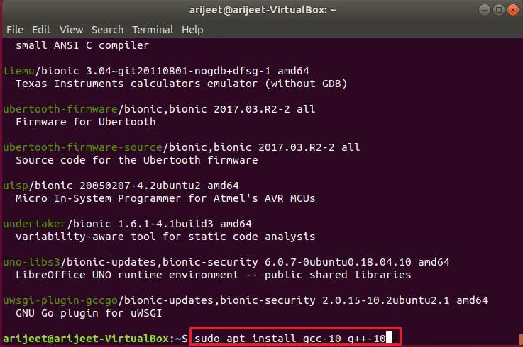 esegui il comando per installare gcc versione 10 nel terminale Ubuntu Linux. Come installare GCC su Ubuntu