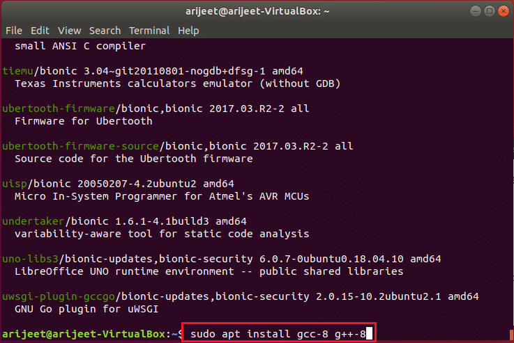 esegui il comando per installare gcc versione 8 nel terminale Ubuntu Linux. Come installare GCC su Ubuntu