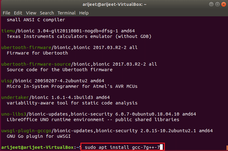 esegui il comando per installare gcc versione 7 nel terminale Ubuntu Linux