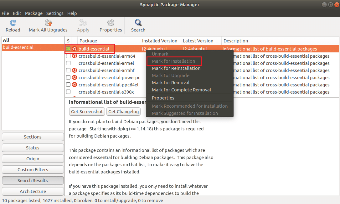fare clic con il pulsante destro del mouse su build essential e selezionare Mark per l'installazione in Snaptic Package Manager Ubuntu Linux