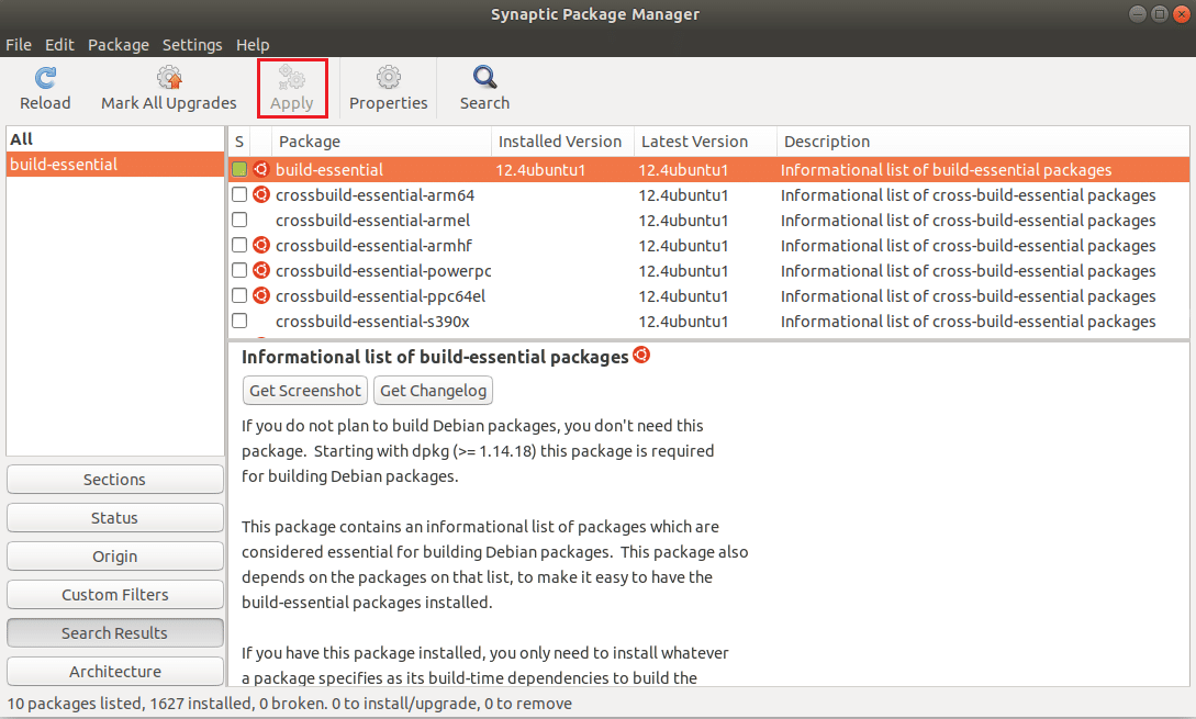 fare clic sul pulsante Applica in Snaptic Package Manager Ubuntu Linux