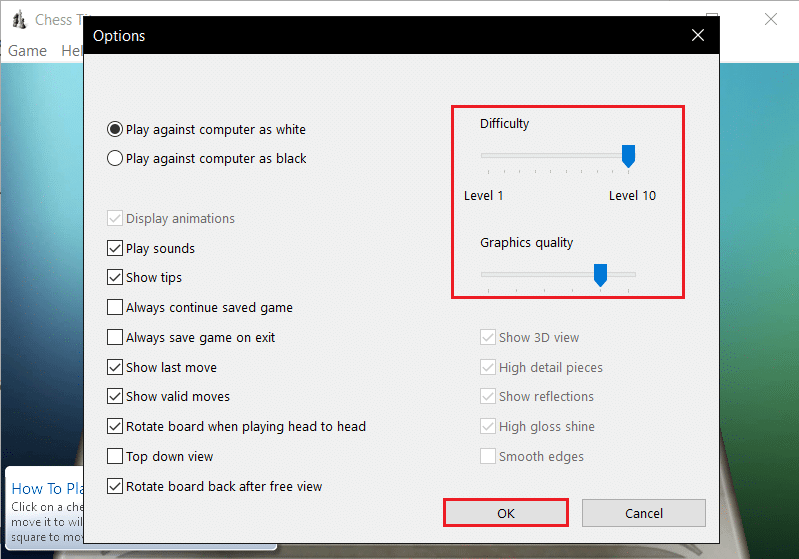 حدد الصعوبة والجودة في خيار اللعبة. كيف تلعب Chess Titans على نظام التشغيل Windows 10