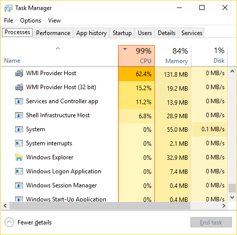Исправить высокую загрузку ЦП узла поставщика WMI в Windows 10