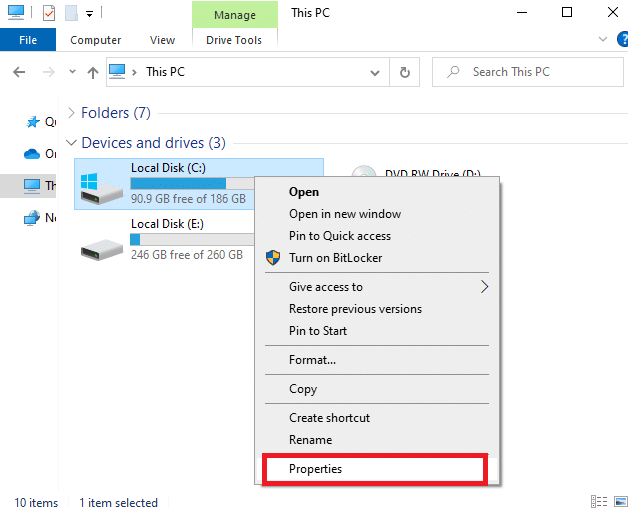 로컬 디스크를 마우스 오른쪽 버튼으로 클릭하고 속성을 클릭합니다. Ntoskrnl.exe 높은 CPU 사용량 수정