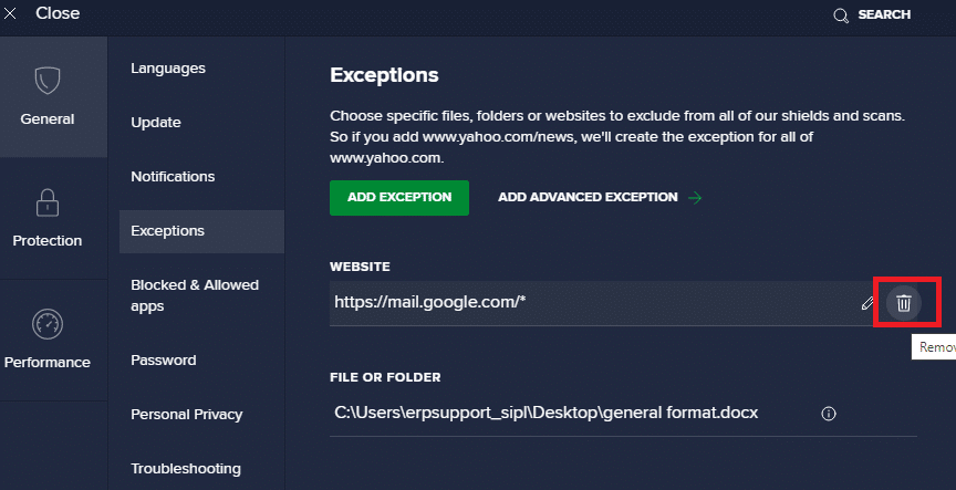 Si desea eliminar la URL de la lista blanca de Avast, en la ventana principal de Configuración, desplace el cursor sobre su URL y haga clic en el icono Papelera. Arreglar ERR_CONNECTION_RESET en Chrome Windows 10