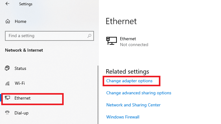 Ahora, haga clic en la pestaña Ethernet y seleccione Cambiar opciones de adaptador en Configuración relacionada. Arreglar ERR_CONNECTION_RESET en Chrome