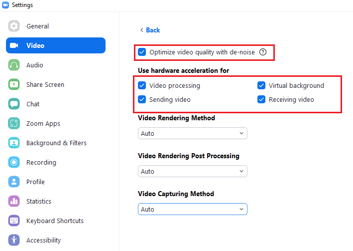 Ardından, aşağıdaki seçenekleri kontrol edin. Gürültü giderme ile video kalitesini optimize edin Video işleme için donanım hızlandırmayı kullanın Video göndermek için donanım hızlandırmayı kullanın Video almak için donanım hızlandırmayı kullanın. Fix Zoom Bir Kamerayı Algılayamıyor