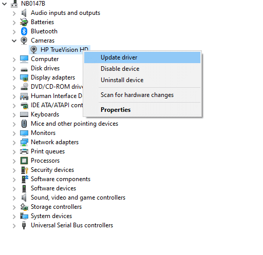 sürücünüze sağ tıklayın, HP TrueVision HD deyin ve Sürücüyü güncelle'yi seçin.