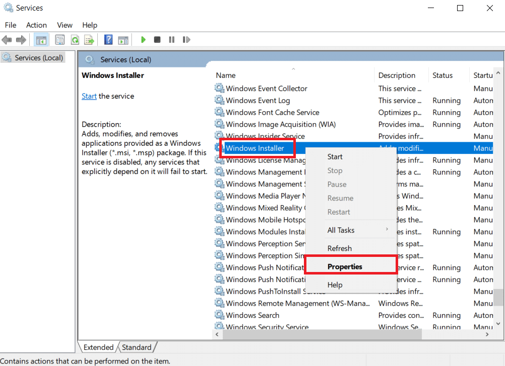 Klik Properties setelah mengklik kanan pada Windows Installer