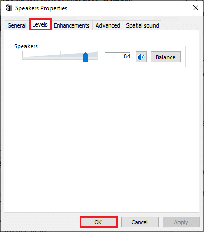 Quindi, nell'opzione Proprietà altoparlanti, passa alla scheda Livelli e assicurati che il valore Altoparlanti sia impostato su max. Risolto il problema con l'audio dello zoom non funzionante in Windows 10