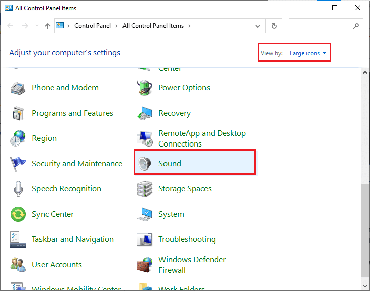 Quindi, imposta l'opzione Visualizza per: su Icone grandi e fai clic sul collegamento Audio. Risolto il problema con l'audio dello zoom non funzionante in Windows 10