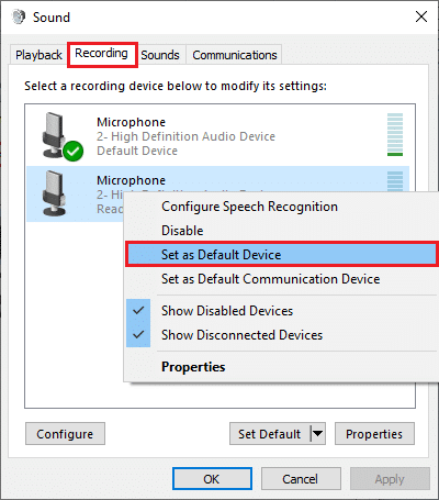 impostato come dispositivo predefinito. Risolto il problema con l'audio dello zoom non funzionante in Windows 10