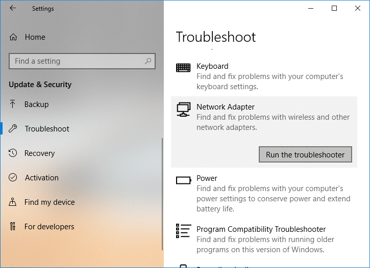 单击网络适配器，然后单击运行疑难解答 |修复 WiFi 在 Windows 10 中不工作 [100% 工作]