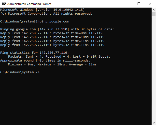 Geben Sie ping google.com ein und drücken Sie die Eingabetaste. ERR_EMPTY_RESPONSE unter Windows 10 beheben
