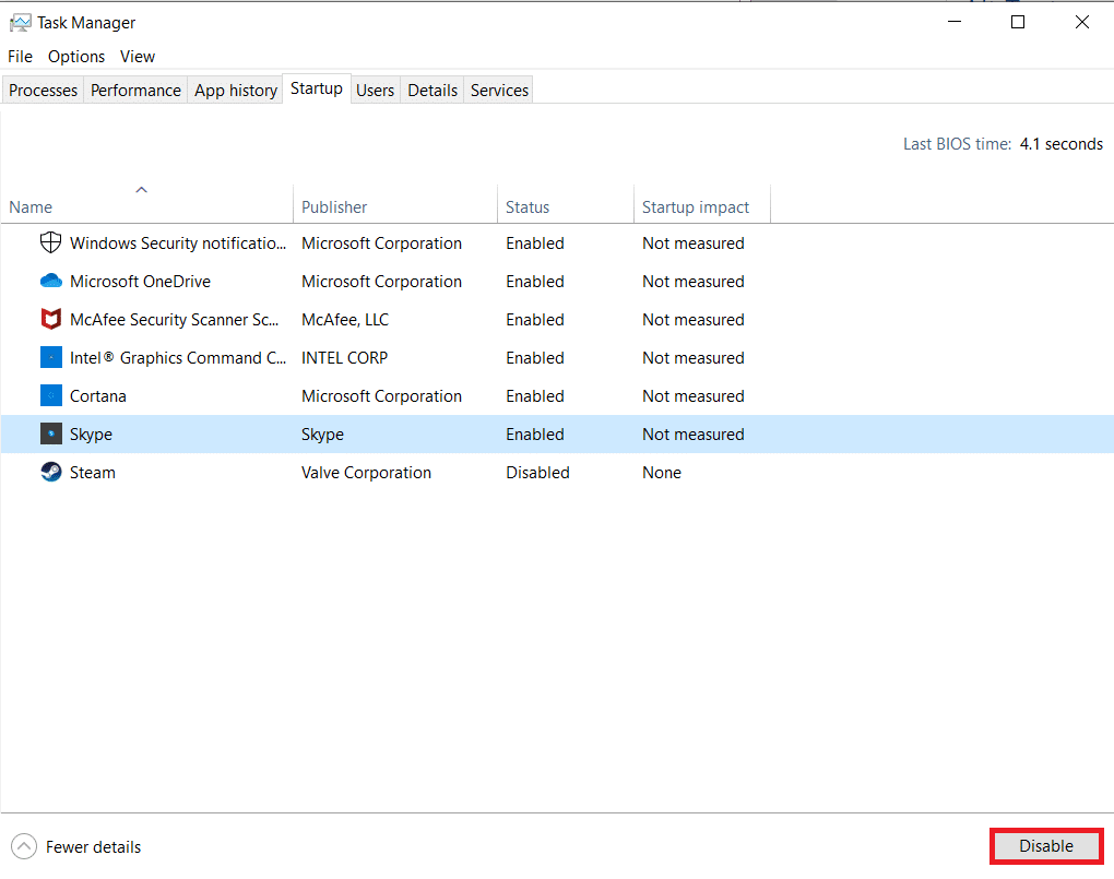 Wählen Sie die Startaufgaben aus, die nicht erforderlich sind, und klicken Sie auf Deaktivieren, das in der unteren rechten Ecke angezeigt wird. ERR_EMPTY_RESPONSE unter Windows 10 beheben