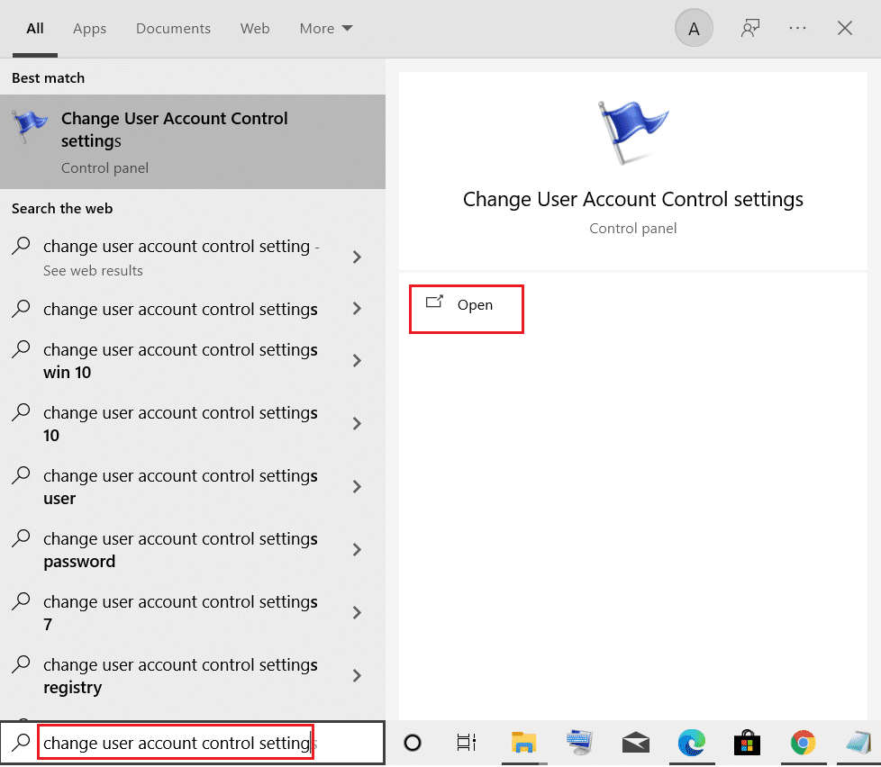 从 Windows 搜索菜单打开更改用户帐户控制设置
