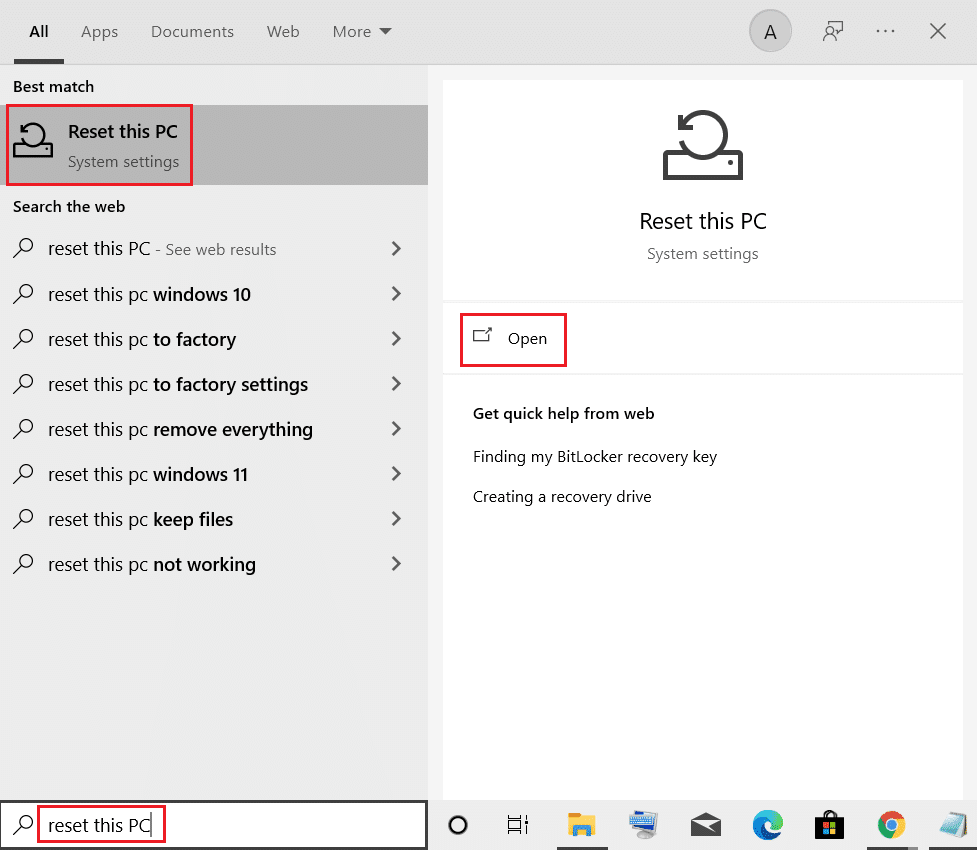 réinitialiser cette application PC à partir du menu de recherche Windows