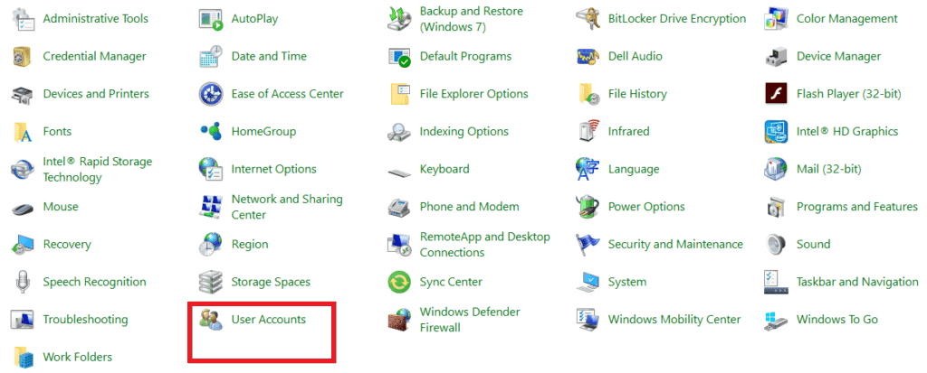 cliquez sur Comptes d'utilisateurs dans le Panneau de configuration