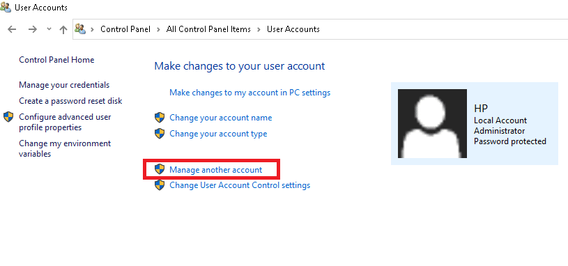 Ensuite, cliquez sur Gérer un autre compte, comme indiqué. Correction 0x80004002 Aucune interface de ce type prise en charge sur Windows 10