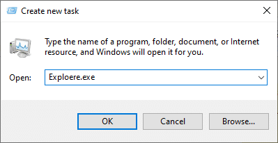 Maintenant, tapez Exploere.exe dans la case à venir et cliquez sur le bouton OK. Correction 0x80004002 Aucune interface de ce type prise en charge sur Windows 10