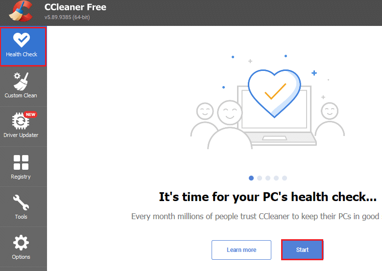 Maintenant, dans le volet de gauche, cliquez sur Health Check, et dans la fenêtre principale, cliquez sur Start