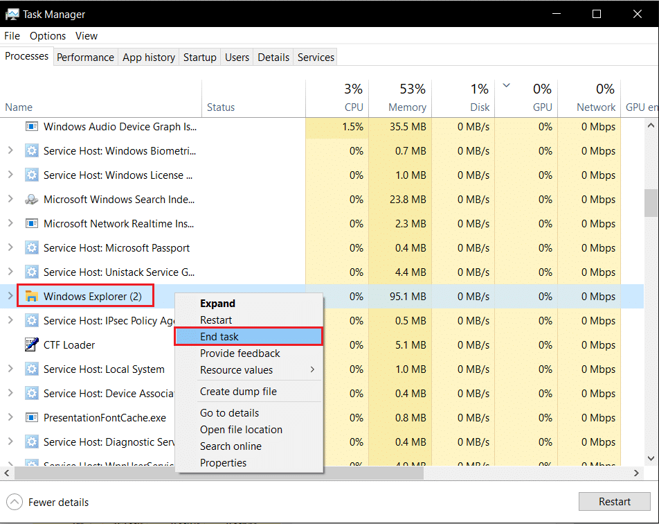 faites un clic droit sur l'explorateur Windows et cliquez sur Fin de tâche. Correction 0x80004002 Aucune interface de ce type prise en charge sur Windows 10