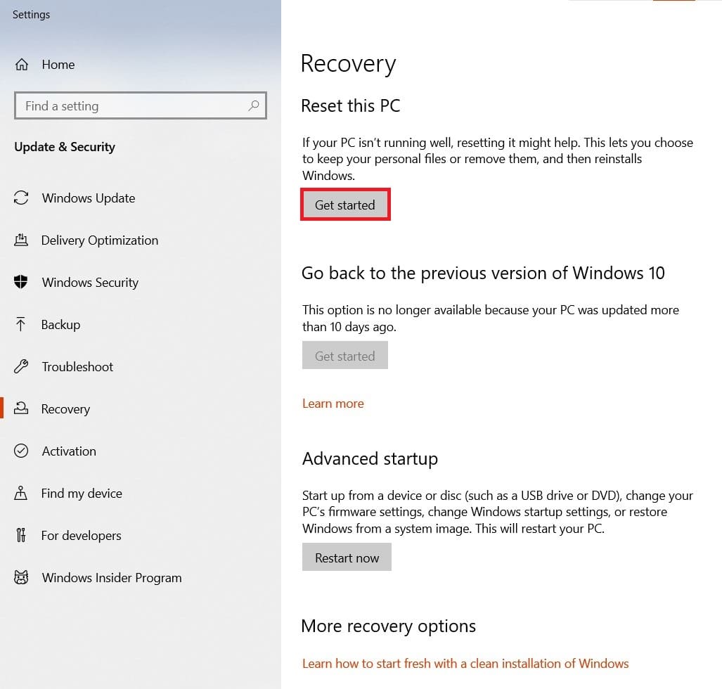 Cliquez maintenant sur Commencer. Correction 0x80004002 Aucune interface de ce type prise en charge sur Windows 10