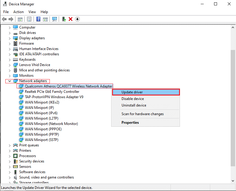 Fare clic con il pulsante destro del mouse sul driver di rete e fare clic su Aggiorna driver. Correggi l'errore BREAKPOINT di Google Chrome STATUS