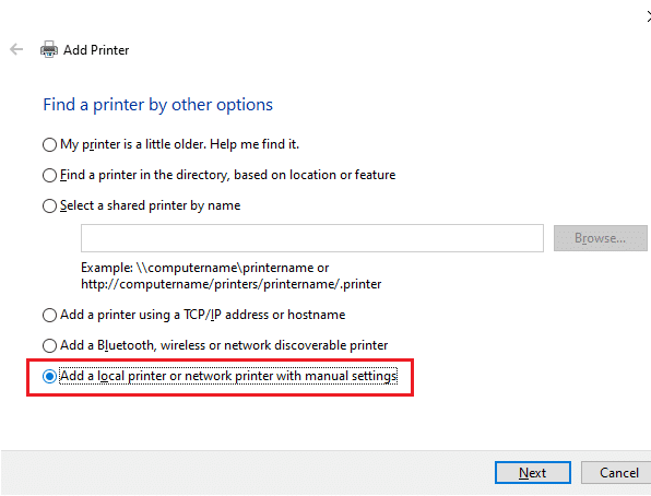 Ensuite, cliquez sur Ajouter une imprimante locale ou une imprimante réseau avec des paramètres manuels comme indiqué et cliquez sur Suivant. Corriger l'erreur Le handle n'est pas valide dans Windows 10