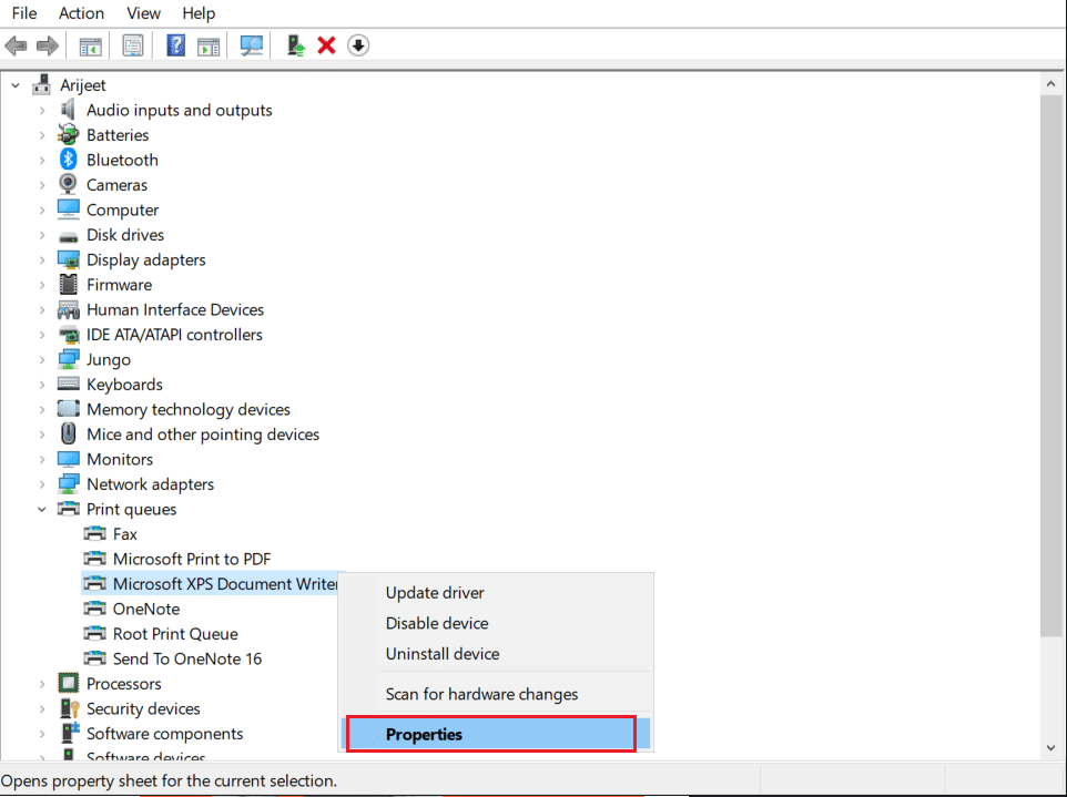 cliquez avec le bouton droit sur Microsoft XPS Document Writer et sélectionnez Propriétés dans les files d'attente d'impression du Gestionnaire de périphériques. Corriger l'erreur Le handle n'est pas valide dans Windows 10