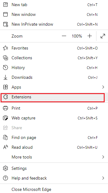 Maintenant, cliquez sur Extensions. Correction de l'erreur STATUS BREAKPOINT dans Microsoft Edge