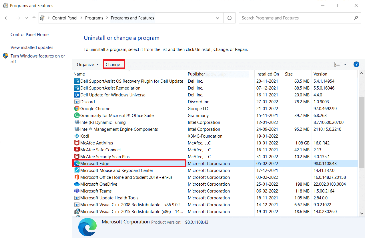 Dans la fenêtre Programmes et fonctionnalités, cliquez sur Microsoft Edge et sélectionnez l'option Modifier